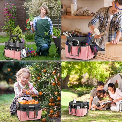 WORKPRO Garden Tool Bag, 10 Pockets and Shoulder Strap, Pink | Heavy Duty Gardening Organizer Tote Bag Standable Garden Home Tool Kits Organizer (Tools are not Included) - color: Pink