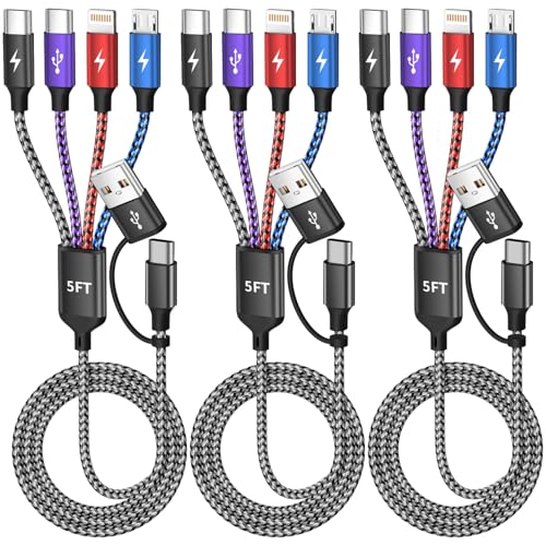 USB A/C Multi Charger Cable, 4 in 2 USB Multiple Type C Charging Cords | 3 Pack 5FT Charging Cables with 2 Type-C, IP and Micro USB Cable, Phone Charger Cord for iPhone 17-8, Android, iPad, Galaxy - color: Black-Gray