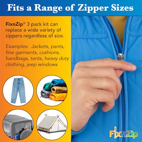 FixnZip (Black Nickel 3 Pack S,M,L) - Universal Zipper Repair Kit for Jackets, Luggage, Bags - Backpack Zipper Replacement Repair Kit - Instant Zipper Fix - color: Black Nickel, size: S,M,L