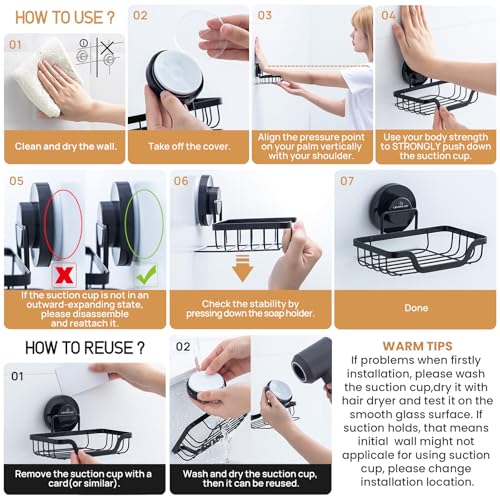 LEVERLOC Soap Dish, Soap Bar Holder for Shower Suction Cup Wall Mounted, Stainless Steel No-Drilling Removable Waterproof Sponge Holder for Bathroom Bathtub Kitchen Sink, Keep Dry, Black (Pack of 2) - color: Black, size: 5.7" * 4.8" (Pack of 2)