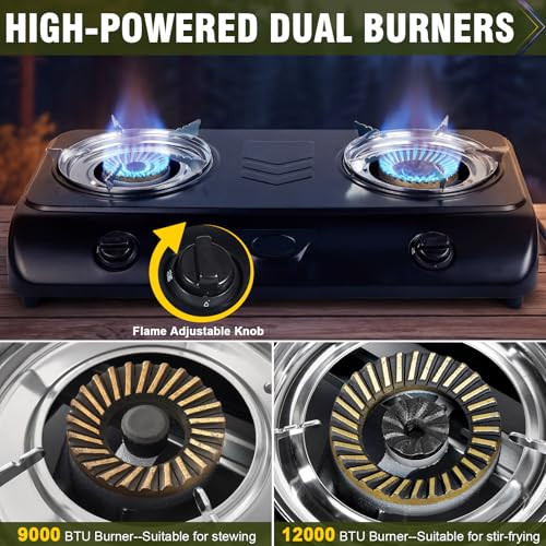 BESTFIRE 28" Portable Propane Stove - Professional Dual-Output Burners (12000 & 9000 BTU) for Precision Cooking, Rust-Resistant Steel 2 Burner Propane Cooktop for Camping, RV, BBQ & Tailgating