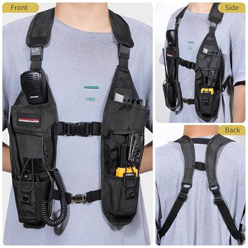 SAMCOM Universal Double Radio Shoulder Chest Rig Bag Pocket Pack Holster Vest for Two Way Radio Rescue Essentials