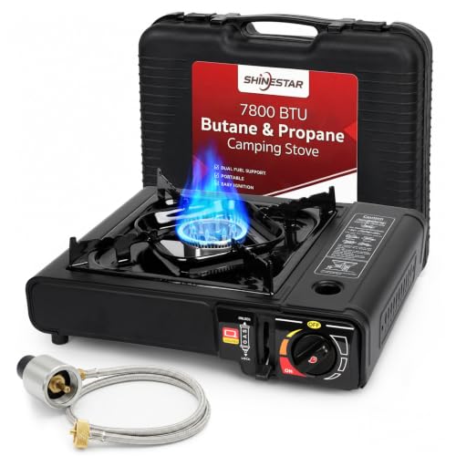 SHINESTAR 7800 BTU Dual Fuel Camping Stove, Propane Portable Gas Stove | Propane or Butane Camp Stove with Adjustable Heat Dial, Carry Case & Propane Adapter Hose,for Outdoor Cooking and Emergencies - color: Black - 7800 BTU Dual Fuel