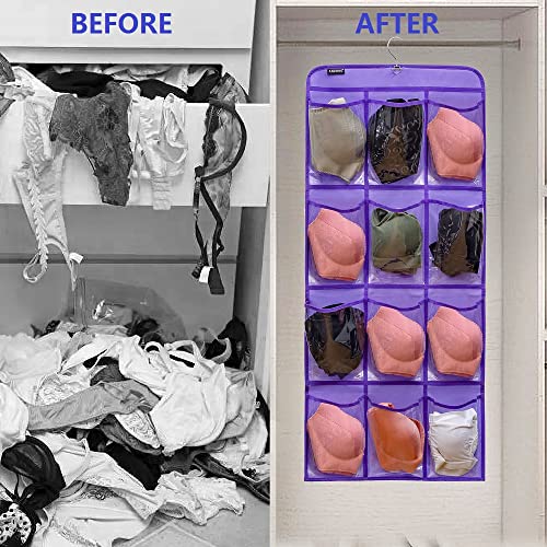 Dual Sided Hanging Shoe Organizer for Closet with Rotating Hanger Hanging Shoe Rack Holder with 24 Large Pockets (Purple-Clear Pockets) - color: PURPLE