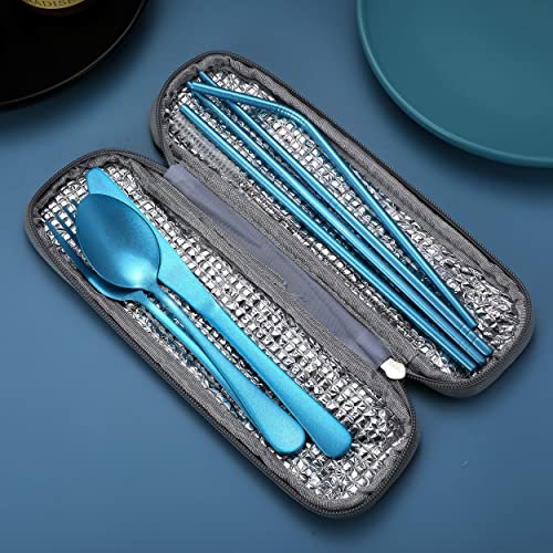 Portable Stainless Steel Flatware Set, Travel Camping Cutlery Set, Portable Utensil Travel Silverware Dinnerware Set with a Waterproof Case (Light Blue) - color: Light Blue