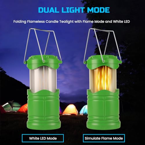 Lichamp 4 Pack LED Camping Lanterns Flame Lights, Green | Collapsible Flameless Candles Tea Lights Portable Battery Powered Camping Lights Emergency Supplies Kit, Dual Light Mode - color: Green