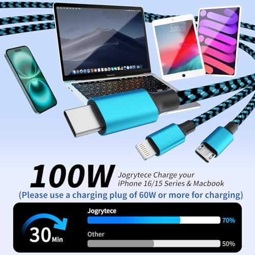 3 in 1 Multi Charging Cable Fast Charging 100W, USB C Cable 4FT 1Pack | Multiple iPhone Charger Cord for iPhone 17-12/Pad/Android/Tablets and More, Carplay Cable - color: Sky Blue&Black