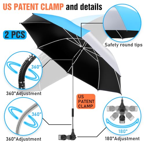 2 Pack Beach Umbrella with 360 Universal Clamp, UPF50+ Umbrella Outdoor Patio Sun Protection for Chairs, Beach &Patio Use (Not Include Chair) - color: Sky Blue/Silvery