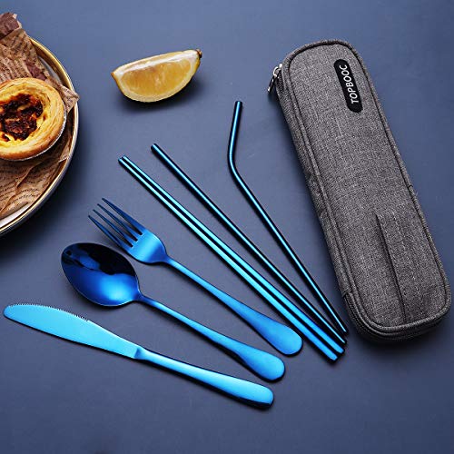 Portable Stainless Steel Flatware Set, Travel Camping Cutlery Set, Portable Utensil Travel Silverware Dinnerware Set with a Waterproof Case (Blue) - color: Blue