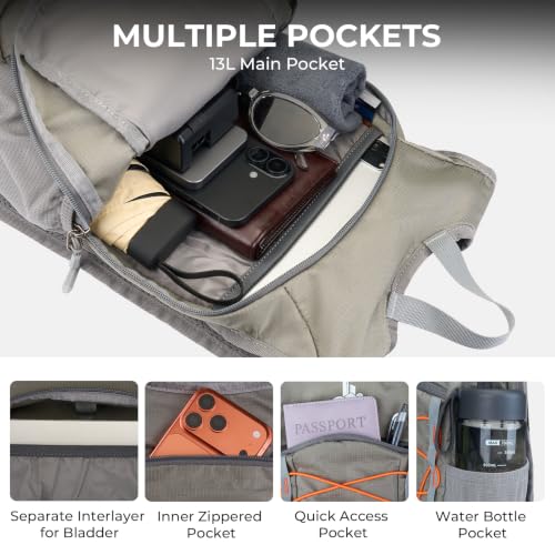 14L Small Hiking Backpack, Packable Travel Daypack for Men Women | Lightweight, Quick-Access Phone Pocket, Breathable, Water Resistant, Adjustable Straps, Emergency Whistle, Commuting Cycling - color: Grey