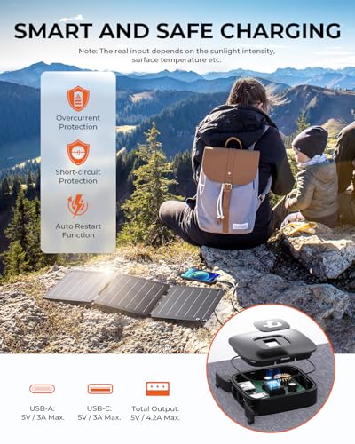 21W Solar Panel Charger BigBlue SolarPowa 20 Portable Solar Charger with USB-A/USB-C Ports, IP68 Waterproof, High-Efficiency Lightweight Foldable Solar Panels for Phones, Tablets, Camping, Backpacking - color: Gray