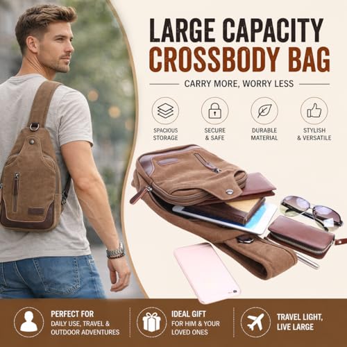 Canvas Sling Bag for Men Crossbody Chest Bag Casual Daypack Rucksack Small Crossbody Backpack with Adjustable Strap - color: Khaki