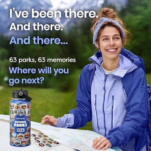 National Parks Blue Water Bottle with Durable Stickers – 32oz Insulated Stainless Steel Water Bottle with Spout Lid – Insulated for Cold and Hot Drinks – Metal Bottle for Gym, Hiking, Camping - color: Blue