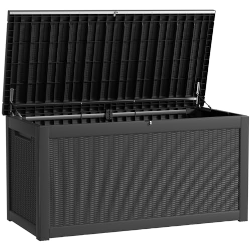 260 Gallon Waterproof Outdoor Storage Box, UV Resistant Resin Deck Box with Hydraulic Rod for Reinforced Stability, Perfect for Patio, Garden, and Pool, Striped Black - color: Black, size: 260 Gallon