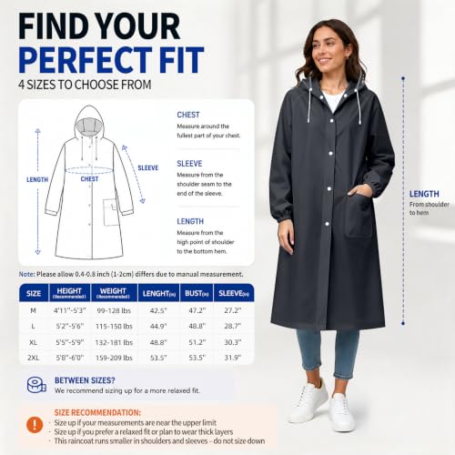 Women's EVA Raincoat, Waterproof Hooded Long Rain Poncho - color: Black, size: X-Large