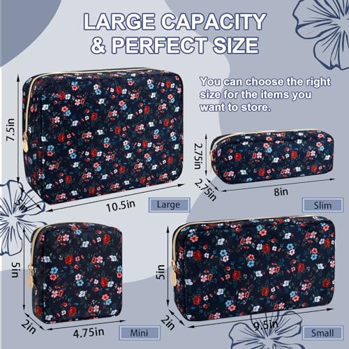 UIXIZQ Waterproof Large Floral Makeup Pouch,Nylon Travel Toiletry Storage Purse Preppy Cosmetic Bag for Women Girl,Large Capacity Makeup Organizer Zipper Pouch for Work(L Black-Flowers) - color: Black-Flowers, size: Large