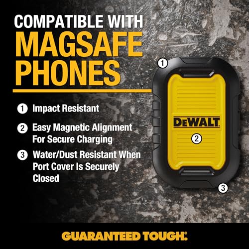 DEWALT Heavy Duty Magnetic Power Bank 5, 000mAh, Rugged, Wireless | Portable Charger 18W Fast Charging Battery Pack, USB-C to C w/USB Adapter Cable 4' Water Resistant Works w/Magsafe iPhone