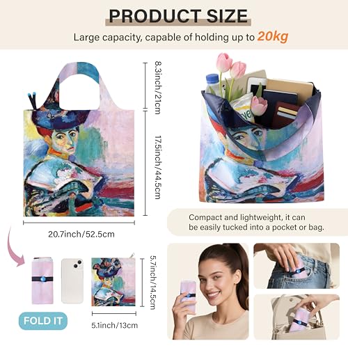 Reusable Grocery Bags, Oil Painting Art Tote Bags With Carry Pouch Waterproof Shopping Bags for Travel Daily Use - style: Woman With a Hat