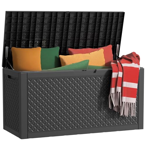 101 Gallon Waterproof Outdoor Storage Box, UV Resistant Resin Deck Box with Hydraulic Rod for Reinforced Stability, Perfect for Patio, Garden, and Pool（Black，101 Gallon） - color: Black, size: 105 Gallon