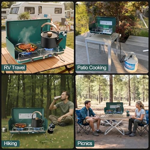 2 Burner Propane Stove, 20000BTU Portable Camping Stove with 2 Adjustable Burner and Wind Guards, Camping Cooktop with Ignition & Griddle for Camping,Tailgating, BBQ, Grilling,Outdoor Gear - color: Deep Green