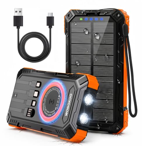 Solar Charger Power Bank - 49800mAh Solar Phone Charger with USB-C in/Output, QC 3.0 Fast Charging with LED Flashlight, Built-in 4 Cables, IP65 Waterproof Fits for Outdoor (Bright Orange)