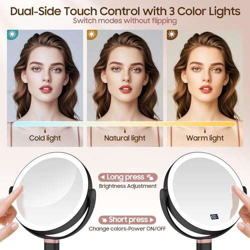 GOMIPURU Makeup Magnifying Mirror with Light 30X/1X, Digital Display, 2-Sided Touch Control, Makeup Mirror with 3 Color Lights,360° Rotate, Height Adjustable Lighted Magnifying Mirrors for Desk Travel - color: Black-l