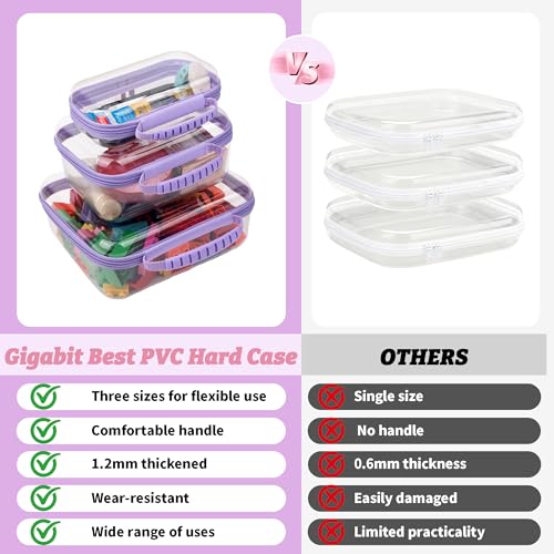 3 Pack Deep Clear Hard Shell Zipper Cases with Handle (Purple) | Travel Toiletry Bag, Waterproof 1.2mm PET Hard Plastic Pouches, Organizer Box for Makeup, Toy, Snack, Stationery, Diaper - color: Purple Handle(L+M+S)
