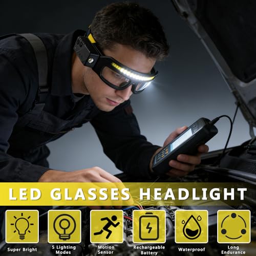 LED Rechargeable Headlight Glasses, Motion Sensor & Touch Control, 5 Modes, 350-500lm, USB-C Charging, IPX4 Waterproof, Hands-Free for Running Camping Fishing Cycling Hiking (Yellow) - color: Yellow