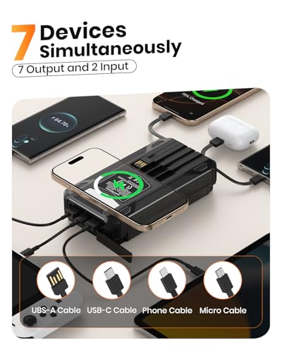 Solar Power Bank 48000mAh Built in 4 Cables, Wireless Portable Charger | Solar Charger with 4 Solar Panels, Wireless Charging, Built in 4 Cables, PD QC 3.0 Fast Charging, Flashlight for Camping - color: Black