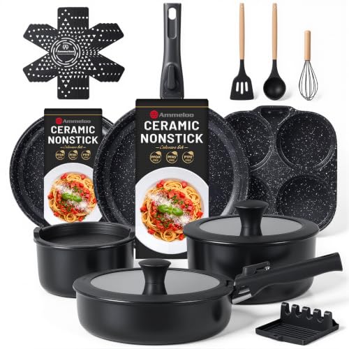 Ammeloo 21-Piece Ceramic Pots and Pans Set Non Stick with Detachable Handles and Egg Frying Pan, Non-Toxic Cookware, Induction Ready, Oven Safe, Stackable for Storage, Black Speckled - color: Egg Pan Set
