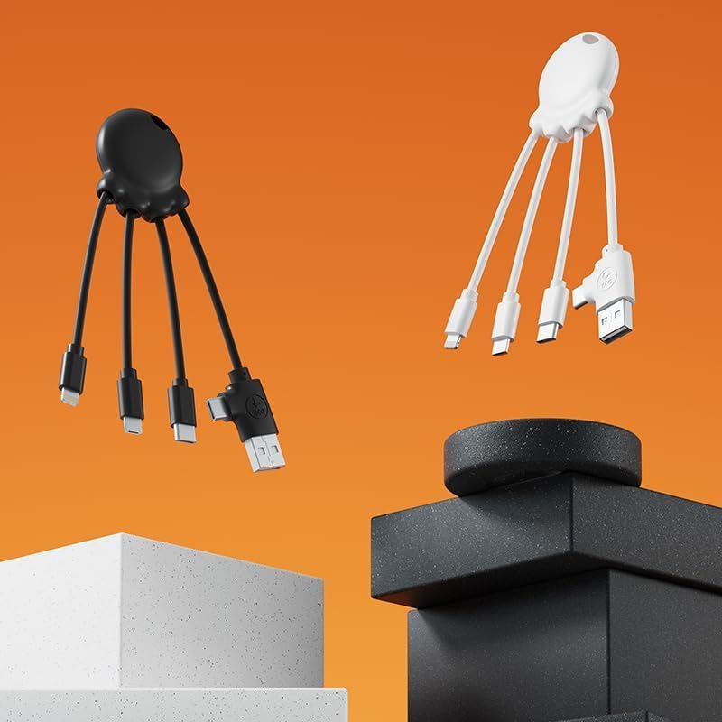 Xoopar 4-in-1 Multi USB Octopus Cable – Universal Charger with USB-C, Lightning & Micro USB – Made from Ocean Recycled Plastic – OBP Black | 4-in-1 ocean recycled plastic octopus: USB, USB-C, Lightning and Micro USB for all your devices - color: Black