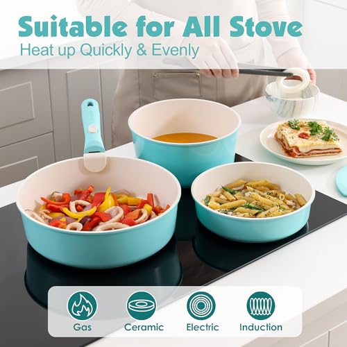 SENSARTE 24 Piece Ceramic Detachable Handle Pots and Pans Set Turquoise | Ceramic Cookware Set, Induction Cookware Set with Removable Handle, Healthy Non Stick for RV, Dishwasher ＆ Oven Safe - color: Turquoise, size: 24 Piece