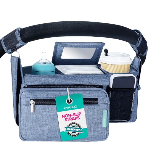 Swanoo Stroller Caddy Organizer, Cup Holder, Wipes Pocket, Non-Slip, Blue - color: Blue