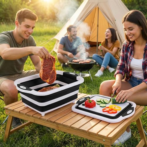 Collapsible BBQ Prep Tub with Lid, Foldable Camping Sink with Colander, Cutting Board, Dish Basin for Kitchen, Bowl, Vegetable and Fruit, Storage Basket for Picnic-Black - color: Black