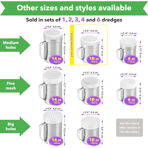 CUSINIUM Metal Salt Pepper Dredge Shakers - With Handle - Seasonings Spice Shakers With Holes and Lids - 10 Ounce, 2pcs | Style: Medium - color: Silver, size: 10 Oz