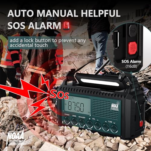 Emergency Crank Weather Radio with NOAA Auto Alerts and Shortwave, 5000mAh | Solar Charging, AM/FM/SW, Flashlight, Reading Lamp, SOS Alarm, Phone Charger, Time Clock and Large LCD Display - color: Blue