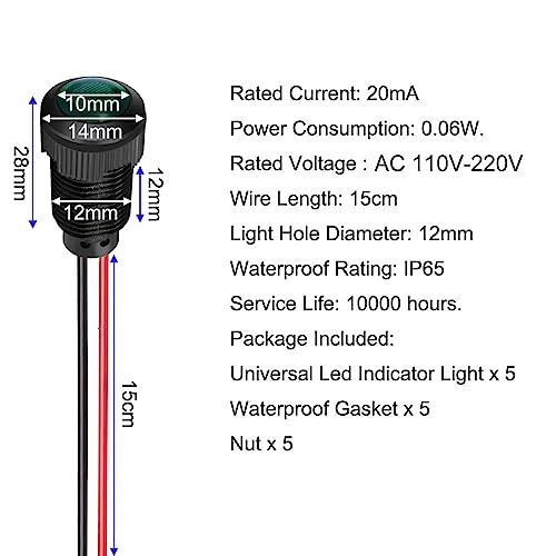 Gebildet 5pcs LED Plastic Indicator Pilot Light 110VAC Mounting Hole Size 12mm(Green) - color: green/110-220V/black shell