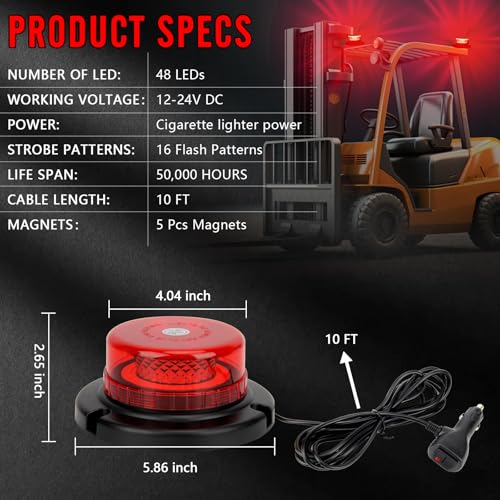 2 Pcs Red Forklift Beacon Strobe Lights, 12-24V 16 Flashing Modes 48 LED with Magnetic Base, Traffic Lights for Construction Vehicles, Trucks, Golf Carts, Snow Plow