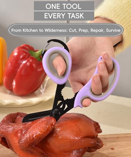 MEUUT All Purpose Scissors 2 PCS with Carabiner for Kitchen Outdoor | 7.5-inch heavy duty all purpose, Ambidextrous, micro-serrated stainless steel blades, integrated O2 wrench, soft rubber grip - color: Pastel Pink+pastel Purple