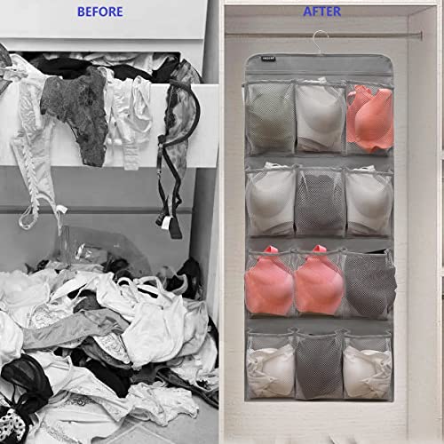 Dual Sided Hanging Shoe Organizer for Closet with Rotating Hanger Hanging Shoe Rack Holder with 24 Large Pockets (Grey-Mesh Pockets) - color: GREY-MESH
