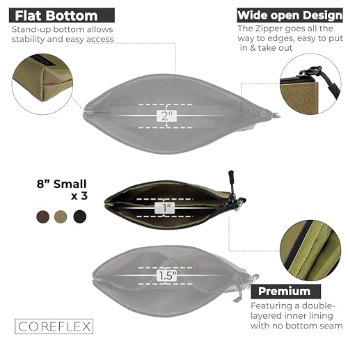 COREFLEX Premium Tool Pouch Zipper Bag, Small Tool Bag, Multipurpose Storage pouch, Heavy duty Flat Bottom Tool bag with YKK Zipper (3 pack Small 8inch) - size: 3 pack Small 8inch Khaki