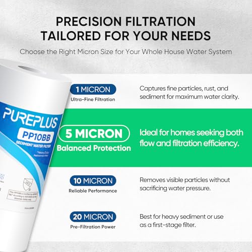 PUREPLUS 5 Micron 10" x 4.5" Whole House Sediment Home Water Filter Replacement Cartridge for DGD-5005, RFC-BBSA, HD-950, WFHD13001B, W15-PR, GXWH30C, GXWH35F, Aqua-Pure AP817, PP10BB, 2PACK - size: 2 Count (Pack of 1), style: 5 Micron