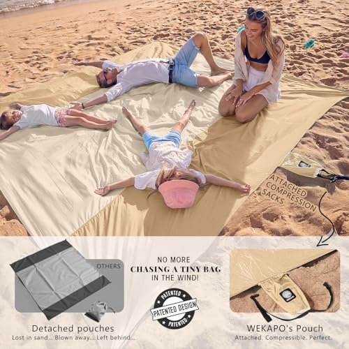 WEKAPO Beach Blanket Sandproof Waterproof, Extra Large Beach Mat, Oversized & Compact Sand Free, Quick Drying Beach Essentials for Vacation, Cruise, Picnic & Camping with Stakes - color: Beige, size: 9x10 FT (1～8 person)