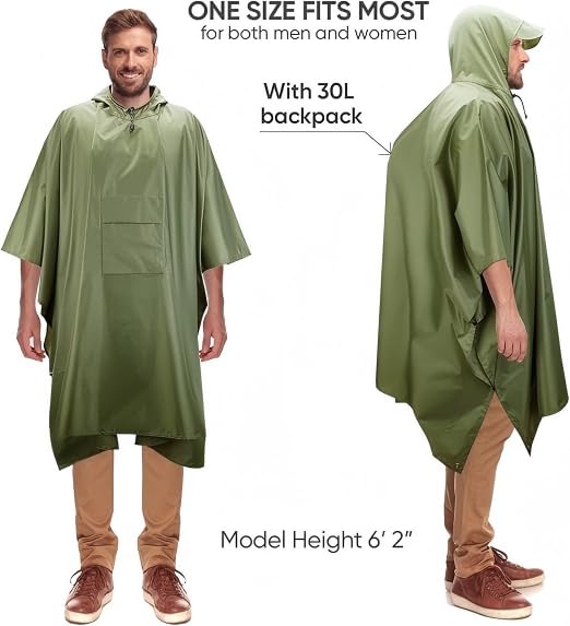 Extra Thick Waterproof Hooded Rain Poncho for Adults Lightweight Raincoat Jacket with Pocket for Hiking Camping Emergency - color: Green