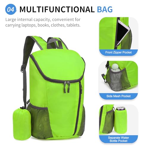 Hiking Backpack 20L Foldable Daypack for Men Women Nylon Green | Packable Backpack for Men Women, Small Foldable Day Pack Waterproof for Travel Camping Mountaineering - color: Green