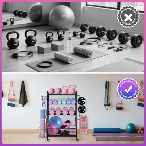 Home Gym Storage Rack for Dumbbells Kettlebells Yoga Equipment, Compact Design with Wheels, Adjustable Pegs, 350lbs Weight Capacity, 3-Layer Storage for Organize All Workout Gear - Black