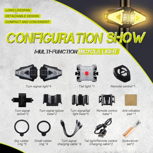 5 PCS Bike Tail Light with Turn Signals, Split USB Rechargeable Bike Turn Signal Front and Back, Wireless Remote Control Bicycle Turn Signals with Flash Warning Light and Red Tail Light for Bicycle - size: 4 PCS Turn Signal + 1 PCS Tail Light