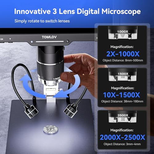 TOMLOV TriL110 3-Lens Digital Microscope: 10.1" 2500X 2K HD Coin Microscope Magnifier for Whole Coin View with IPS Screen, LCD Soldering Microscopes for Adults, 14 LED Lights, PC/TV Compatible - size: 10.1"