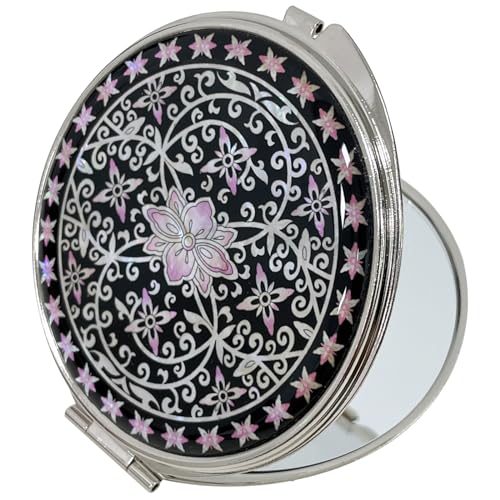 Portable Makeup Compact Double Magnifying Mirror Cosmestic Foldable Pocket Style Unique Mother of Pearl Design (Ivy) - color: Ivy