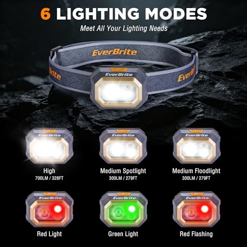 EverBrite 700 Lumens Rechargeable Headlamp with White Red Green Light Modes | 700 Lumens, White Red Green Light Modes, Stepless Dimming, Memory Function, 60° Tilt, 6 Modes for Hunting, Camping, Hiking - size: Small